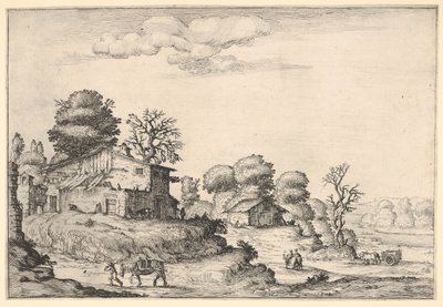 Paysage avec habitations paysannes et un homme menant un cheval au premier plan à gauche, 1638 - Ercole Bazicaluva