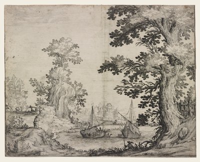 Paysage avec une rivière entre arbres et collines, deux navires au centre - Ercole Bazzicaluva