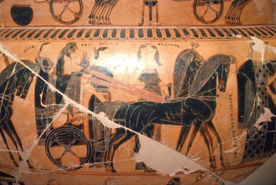(détail) de Zeus et Héra dans un char avec Calliope du Vase François, 6e siècle av. J.-C. - Ergotimos