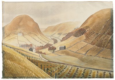 Gerbes de maïs et fermes - Hill Farm, Capel-y-ffin, Pays de Galles, 1938 - Eric Ravilious