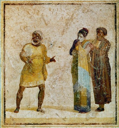 Trois acteurs sur une scène, jouant une farce Atellan - Erich Lessing
