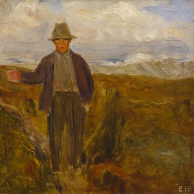 Homme avec la montagne Smiubelgen et Rondane en arrière-plan - Erik Theodor Werenskiold