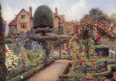 Delphiniums dans la Bordure Herbacée à Levens Hall (lithographie en couleur) - Ernest Arthur Rowe