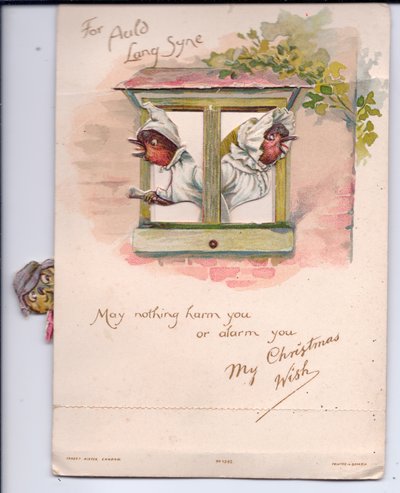 Carte de Noël victorienne de deux rouges-gorges en vêtements de nuit regardant par la fenêtre avec inquiétude, c.1880 - Ernest Henry Griset