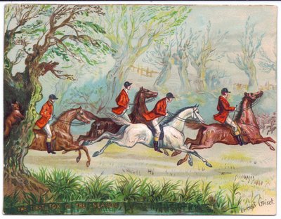 Carte de vœux victorienne de chasseurs de renards courant tandis que le renard se cache dans un arbre, c.1880 - Ernest Henry Griset