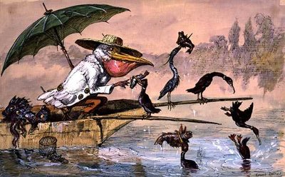 Cormorans présentant des poissons à un pélican dans une barque sous un parapluie de 