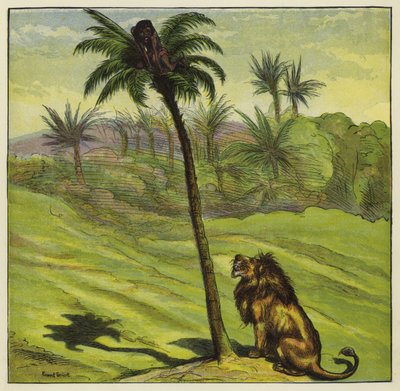 Homme échappant à un lion en grimpant à un arbre - Ernest Henry Griset