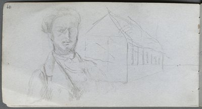 Carnet de croquis, page 99 : Étude de figure, bâtiment - Ernest Meissonier