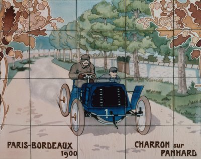 Charron conduisant une voiture Panhard dans la course Paris-Bordeaux de 1900 : carreaux de céramique fabriqués par Gilardoni Fils et Cie de Paris, d