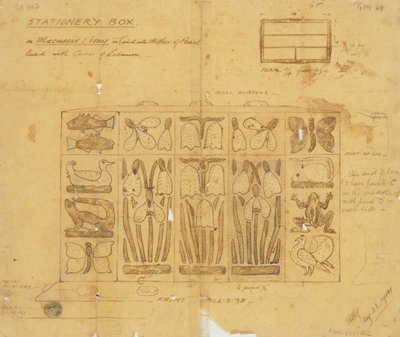 Design pour une boîte à papeterie en ébène de Macassar incrustée de nacre - Ernest William Gimson
