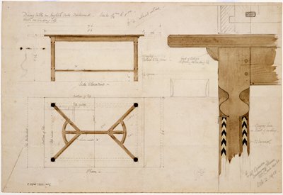 Design pour une table à manger en chêne anglais, foncé, avec un entretoise en râteau à foin, 2 octobre 1908 - Ernest William Gimson