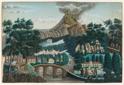 Paysage avec volcan en éruption, pont et fête de mariage - Ernst Damitz
