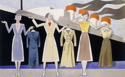 Design de mode montrant trois modèles féminins tenant des vêtements sur des cintres, avec un paquebot en arrière-plan - Ernst Deutsch Dryden