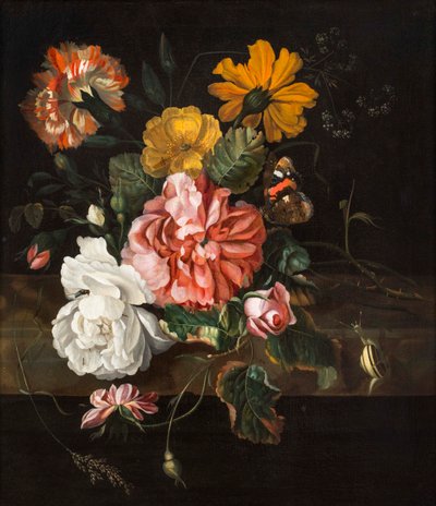 Roses avec un papillon, une mouche bleue et un escargot sur un rebord de pierre - Ernst Stuven