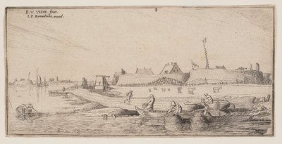 Pêcheurs en barque devant une ville fortifiée, extrait de Paysages - Esaias van de Velde