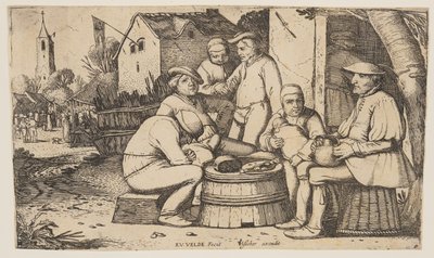 Six paysans utilisant un cul de tonneau comme table - Esaias van den Velde I