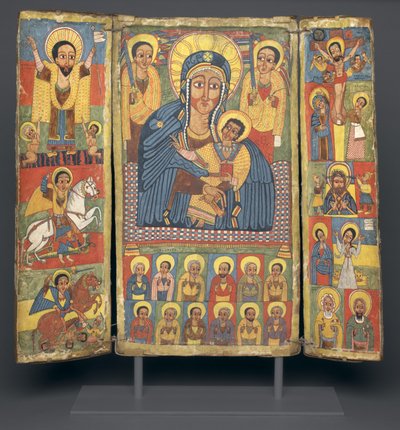 Icône triptyque avec image centrale de la Vierge et l