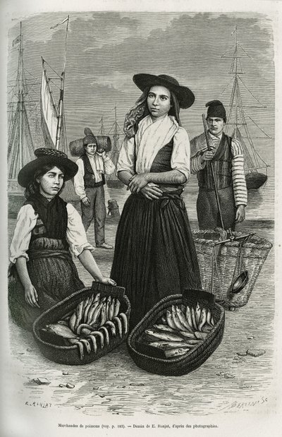Marchands de poissons, portant le costume traditionnel féminin : jupe courte et plissée, corsage avec boutons d