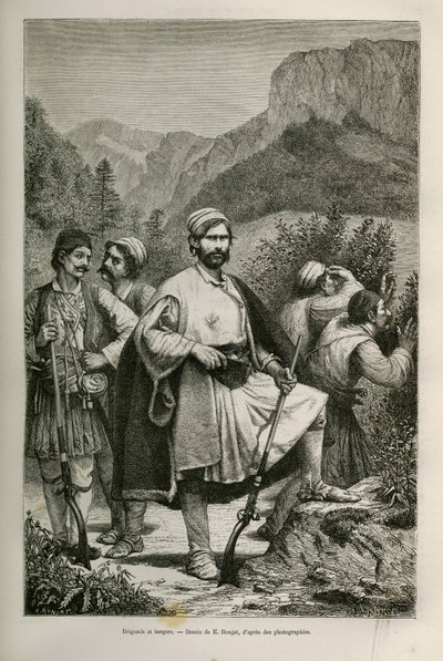 Brigands et bergers grecs, complices dans les montagnes, dessin de E.Ronjat, pour illustrer l