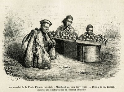 Le marchand de pain, au pied de la Porte de la Fleur Orientale du Palais Impérial à Pékin, une scène courante de la vie quotidienne (illustration du voyage à Pékin et en Chine du Nord, par T. Choutze, 1873, publié dans "Le tour du monde" 1876) - Etienne Antoine Eugene Ronjat