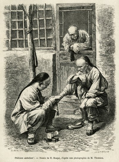 Le pédicure ambulant, une scène courante de la vie quotidienne dans les villes chinoises. Gravure pour illustrer le voyage à Pékin et en Chine du Nord, par T.Choutze, en 1873, publiée dans "Le tour du monde" 1876, éditée par Edouard Charton - Etienne Antoine Eugene Ronjat