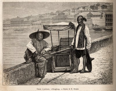 Deux porteurs au repos à côté de leur fauteuil roulant à Hong Kong, gravure d