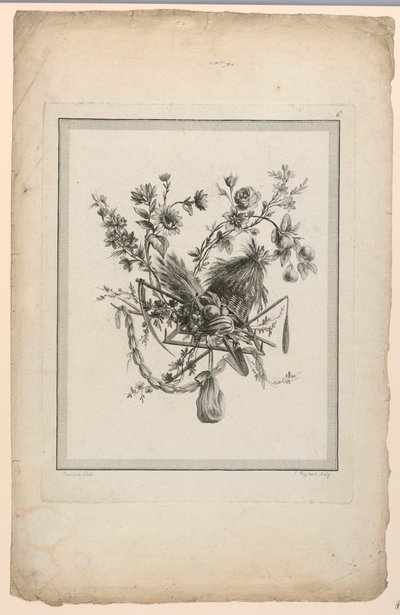 Trophée avec des outils de récolte, Planche 6 de "Suite de différents Attributs, Trophées, et Groupes de Fleurs," Suite II - Etienne Claude Voysard
