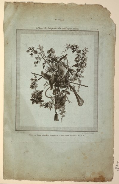 Trophée avec des instruments de chasse, Planche 1 de "Suite de trophées de chasse," Suite VI - Etienne Claude Voysard
