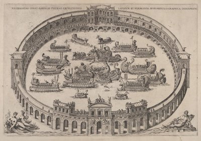 Engagement naval dans une arène romaine, avec le Tibre et des nymphes en bas à gauche - Etienne Duperac