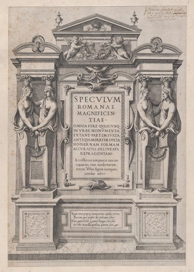 Speculum Romanae Magnificentiae: Page de Titre gravée dans un cadre architectonique et sculptural - Etienne Duperac