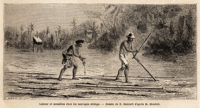 Labour et semis chez les sauvages Stiengs, habitants des forêts du Cambodge, dessin pour illustrer le voyage de Henri Mouhot à travers les royaumes de Siam, Cambodge et Laos de 1858 à 1861. Gravure dans « Le tour du monde », édité par - Etienne Gabriel Bocourt