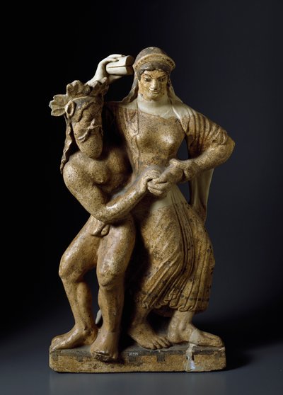 Antiquité étrusque : « Satyre et ménade dansante » Sculpture en terre cuite d