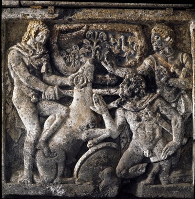 Art étrusque : Ulysse au royaume des morts sacrifiant un mouton pour consulter le devin aveugle de Thèbes Tirésias. Épisode de l