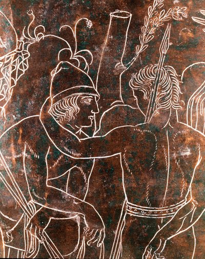 Art étrusque : détail du Ciste Ficoroni en bronze représentant la légende des Argonautes. De Préneste (Palestrina). 340 av. J.-C. Museo Nazionale di Villa Giulia, Rome - Etruscan