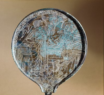Art étrusque : dos de miroir en bronze : Aphrodite persuadant Hélène de suivre Paris à Troie. Ve siècle av. J.-C. Rome, Museo Nazionale di Villa Giulia - Etruscan