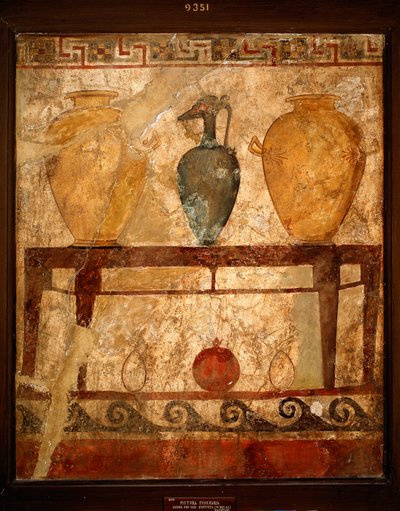 Art étrusque : table avec vases d