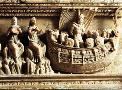 Civilisation étrusque, urne en albâtre, détail du relief représentant Ulysse et les Sirènes - Etruscan