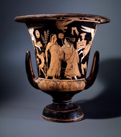 Civilisation étrusque : cratère en terre cuite décoré par le peintre de Nazzano représentant Apollon et une ménade, 350 av. J.-C. Dim 57 cm. Du site de Civita Castellana - Etruscan