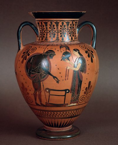 Civilisation étrusque : hydrie en terre cuite représentant Thétis remettant des armes à son fils Achille, 550-500 av. J.-C. De Cerveteri, Italie - Etruscan
