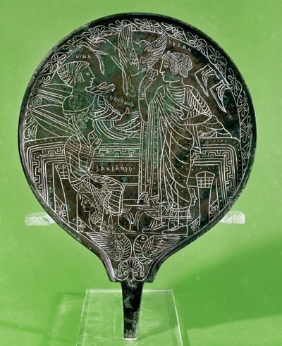Miroir représentant Aphrodite persuadant Hélène de suivre Paris à Troie, de Palestrina - Etruscan