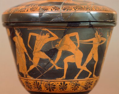 Pyxide avec athlètes dans le gymnase. Poterie à figures rouges, de Cerveteri (Latium). Civilisation étrusque, IVe siècle av. J.-C. - Etruscan