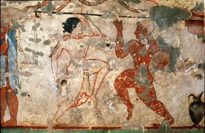 Danse rituelle, jeune femme portant une tunique transparente et jeune homme nu. (détail de fresque, 520 av. J.-C.) - Etruscan