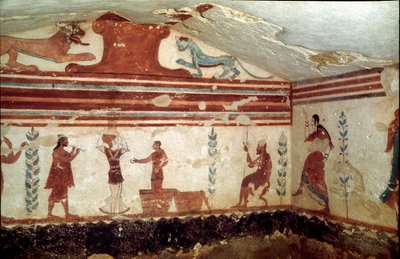 Le défunt assis sur un tabouret assiste à un spectacle avec des jongleurs et des danseurs (détail de fresque, 530 av. J.-C.) - Etruscan