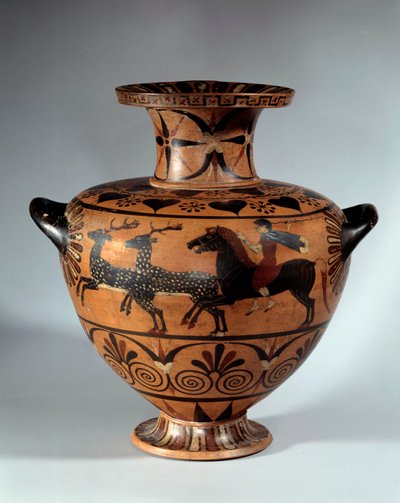 Hydrie en céramique avec figures noires, appelée Caere. Face : chasse au cerf Verso : deux taureaux ailés galopant en direction opposée. Environ 540-530 av. J.-C. Hauteur 0,4 m Paris, Musée du Louvre - Etruscan Etruscan