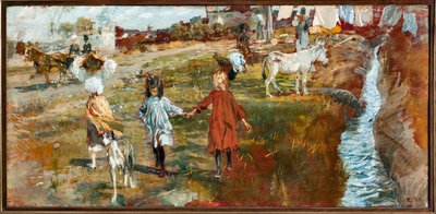 Paysage de campagne avec enfants et chien, un âne près de la rivière - Ettore Tito