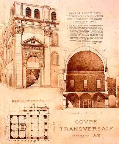 Plan, coupe transversale et élévation de la Loggia, ou Palazzo del Commune, Brescia, Italie, de 
