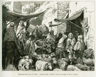 Embarras dans la rue du souk de Teboursouk. Gravure pour illustrer l