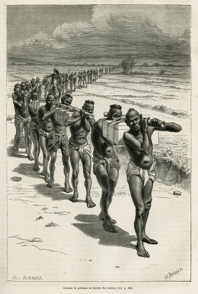 Colonne de porteurs à travers les rizières, entre Bassac et Hué, gravée d