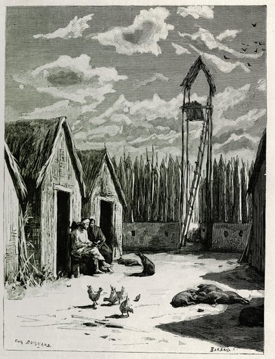 Place des missionnaires à Meuong Ngan. Gravure par Eugène Burnand, pour illustrer le récit « Voyage au Haut Laos », en 1880, par le Dr P. Neis. Publié dans Le Tour du monde, nouveau journal des voyages, 2e semestre 1885, édité par Édouard Charton - Eugene Burnand