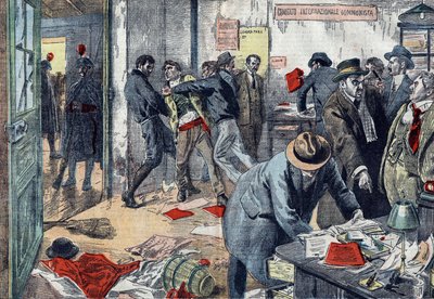Benito Mussolini a procédé à des arrestations massives de communistes à Trieste, Italie en février 1923 ; perquisition des bureaux du journal « Lavoratore ». Dessin de Damblans dans « Le Pèlerin » de 1923. - Eugene Damblans